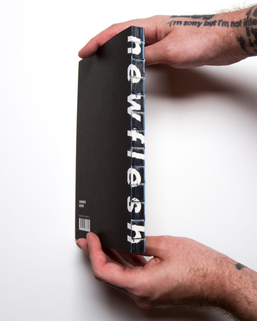 Spine of n e w f l e s h (Gnomic Book, 2019). Courtesy of Gnomic Book and Efrem Zelony-Mindell Spine of n e w f l e s h (Gnomic Book, 2019). Courtesy of Gnomic Book and Efrem Zelony-Mindell